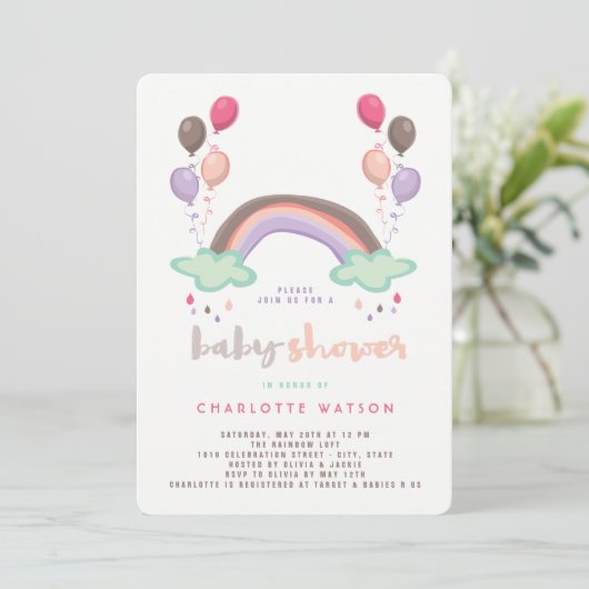 Rainbow & Balloons Cute Whimsical Girl Baby Shower Kaart (Staand voorkant)