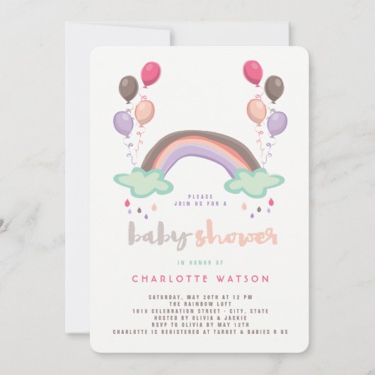 Rainbow & Balloons Cute Whimsical Girl Baby Shower Kaart (Voorkant)