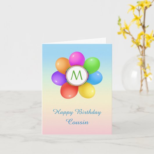 Rainbow balloons flowe Cousin Monogram Birthday Kaart (Gele Bloem)