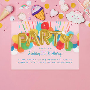 Rainbow Balloons Kids Birthday Party Invitation Kaart