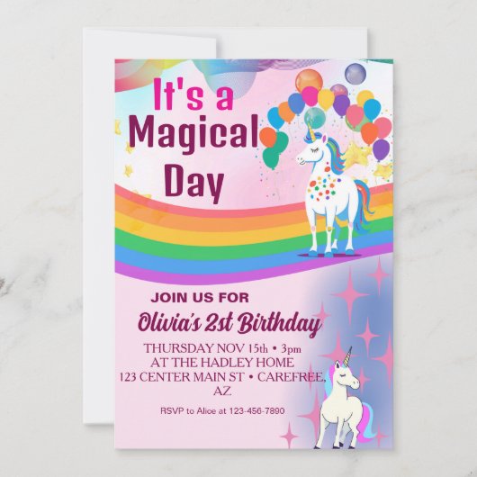 Rainbow Balloons Unicorn Pink Birthday Party Girl Kaart (Voorkant)