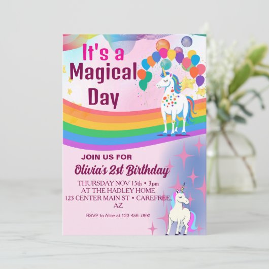 Rainbow Balloons Unicorn Pink Birthday Party Girl Kaart (Staand voorkant)