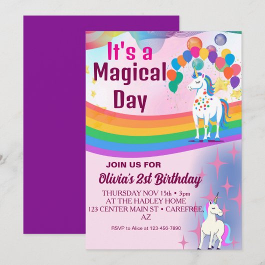 Rainbow Balloons Unicorn Pink Birthday Party Girl Kaart (Voorkant / Achterkant)