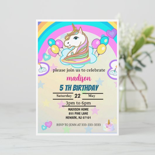 Rainbow Balloons Unicorn Pink Birthday Party Girl Kaart (Staand voorkant)