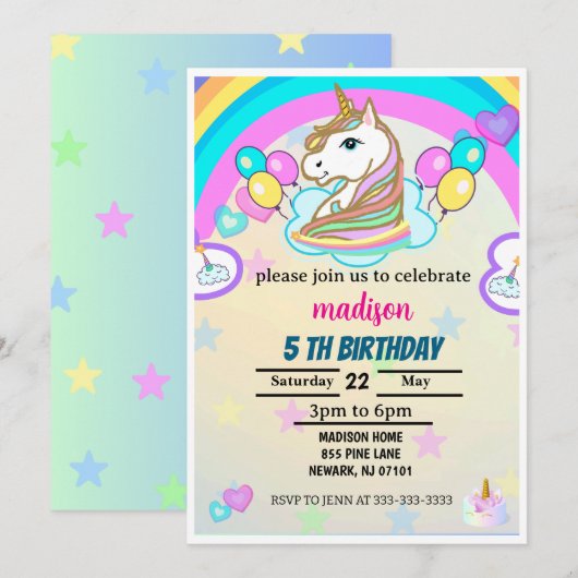 Rainbow Balloons Unicorn Pink Birthday Party Girl Kaart (Voorkant / Achterkant)