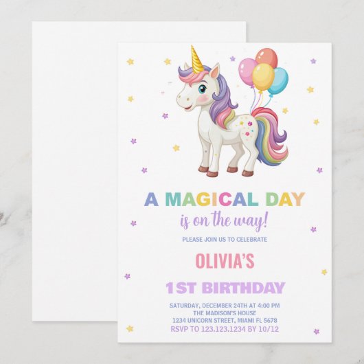 Rainbow Balloons Unicorn Verjaardag Uitnodigingen (Voorkant / Achterkant)