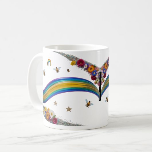 Rainbow Bee Floral Glitter Sparkle Classic Mug Koffiemok (Voorkant links)