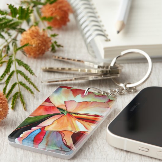 Rainbow Begonia flower original waterverf art Sleutelhanger (Voorkant Rechts)