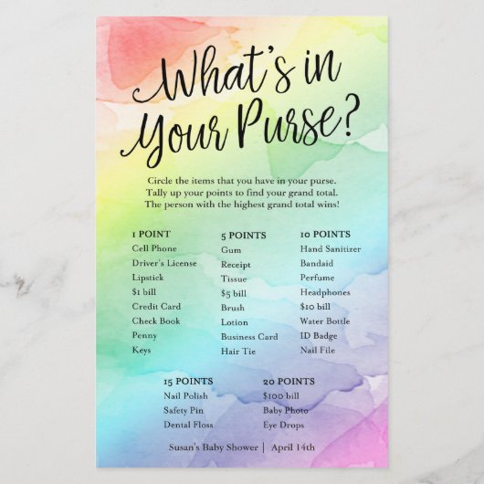 Rainbow Bingo-What zit in Purse, 2-in-1-game Kaart (Achterkant)