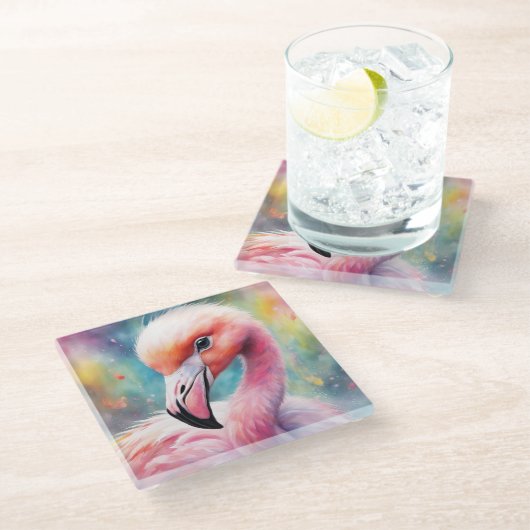 Rainbow Birds Flamingo 2 Glazen Onderzetter (Schuin)