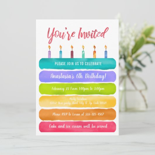 Rainbow Birthday Cake Party Kaart (Staand voorkant)