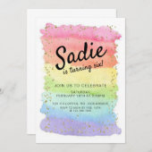 RAINBOW BIRTHDAY, ELKE LEEFTIJD, MEISJES PARTIJ KAART (Voorkant / Achterkant)