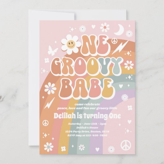 Rainbow Birthday, Groovy Babe Peace Party Kaart (Voorkant)