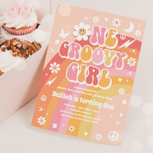 Rainbow Birthday, Groovy Girl Peace Love Party Kaart