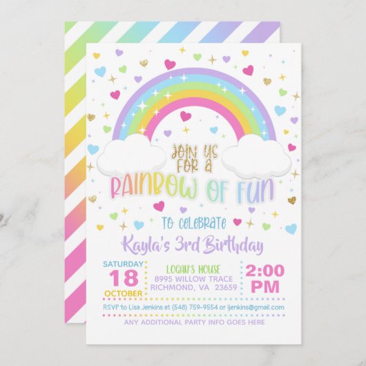Rainbow Birthday Invitation - Girl Pastel Kaart (Voorkant / Achterkant)