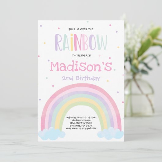 Rainbow Birthday Invitation Pastel Rainbow Party Kaart (Staand voorkant)