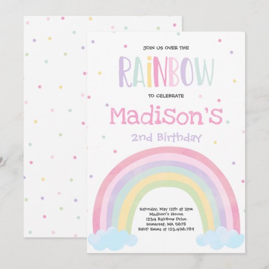 Rainbow Birthday Invitation Pastel Rainbow Party Kaart (Voorkant / Achterkant)