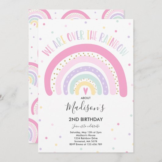 Rainbow Birthday Invitation Pastel Rainbow Party Kaart (Voorkant / Achterkant)