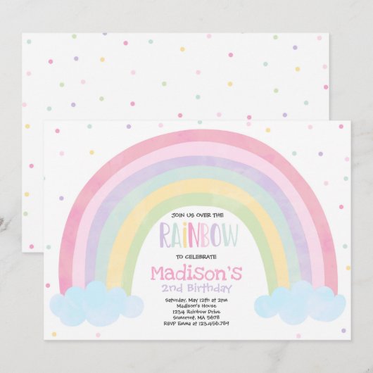 Rainbow Birthday Invitation Pastelregenboogfeest Kaart (Voorkant / Achterkant)