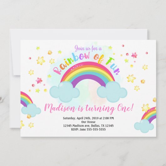 Rainbow Birthday Invitation, Rainbow of Fun Invita Kaart (Voorkant)