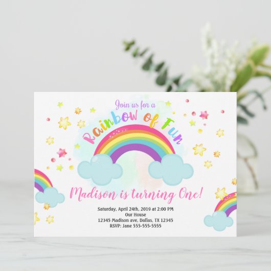 Rainbow Birthday Invitation, Rainbow of Fun Invita Kaart (Staand voorkant)