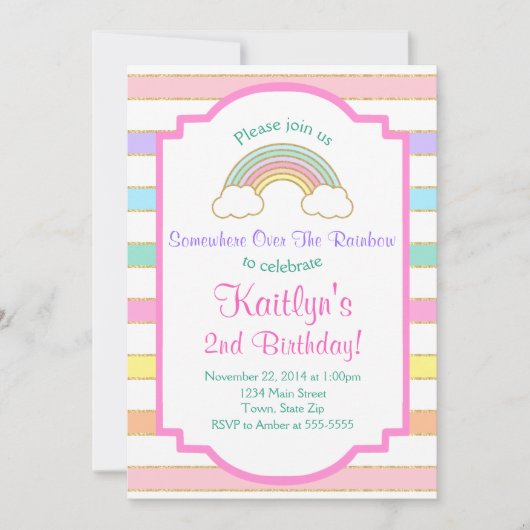 Rainbow Birthday Invitation roze Girl Invite Kaart (Voorkant)
