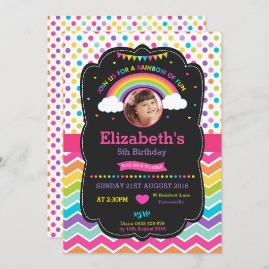 Rainbow Birthday Party Invitation Card Foto Kaart (Voorkant / Achterkant)