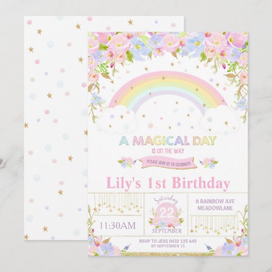 Rainbow Birthday Party Invitation Floral Girl Kaart (Voorkant / Achterkant)