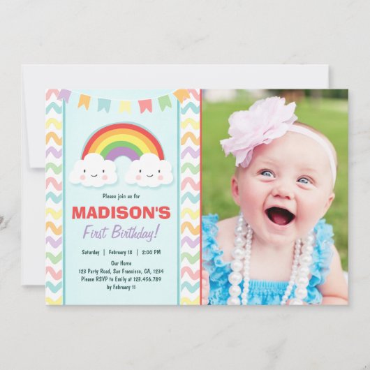 Rainbow Birthday Party Invitation Girl Clouds Kaart (Voorkant)
