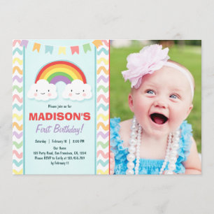 Rainbow Birthday Party Invitation Girl Clouds Kaart