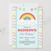 Rainbow Birthday Party Invitation Girl Clouds Kaart (Voorkant)