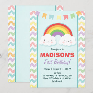 Rainbow Birthday Party Invitation Girl Clouds Kaart