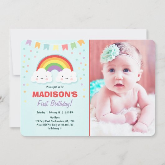 Rainbow Birthday Party Invitation Girl Confetti Kaart (Voorkant)