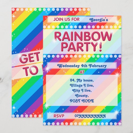 Rainbow Birthday Party Invitation  Kaart (Voorkant / Achterkant)