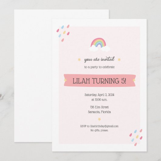 Rainbow Birthday Party Kaart (Voorkant / Achterkant)