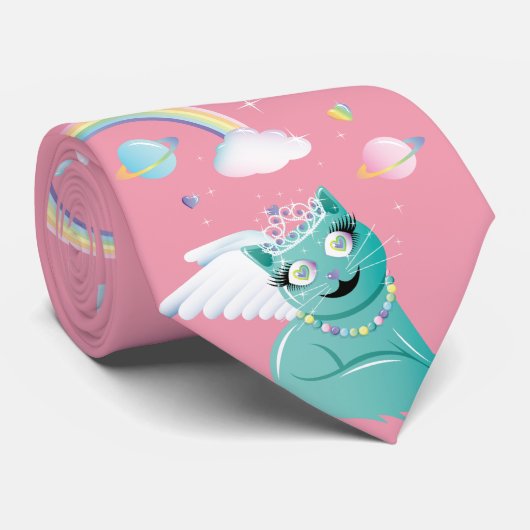 Rainbow Birthday Space Kitten Kawaii - Roze Stropdas (Opgerold)