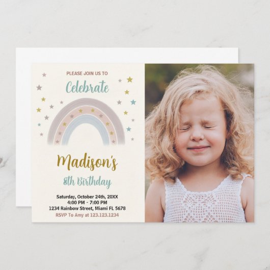 Rainbow Birthday Uitnodiging met foto (Voorkant / Achterkant)