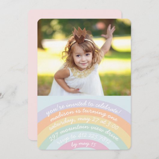 Rainbow Birthday Uitnodiging met foto (Voorkant / Achterkant)