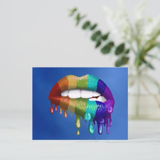 Rainbow Biting Druppelende lippen Pride Briefkaart (Staand voorkant)