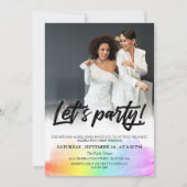 Rainbow Black Brush Script Let's Party Photo Kaart (Voorkant)