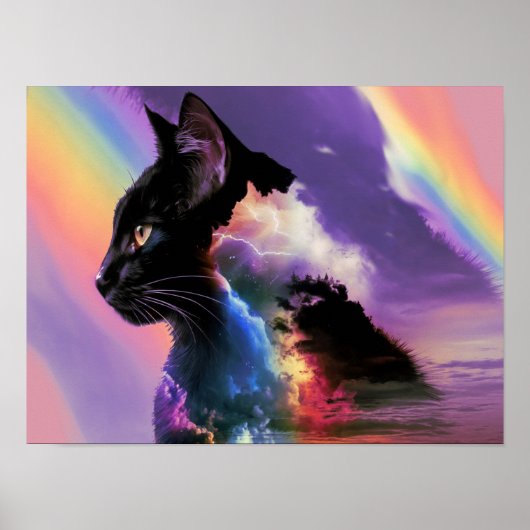 Rainbow Black Cat Design Surreal Poster Print Art (Voorkant)