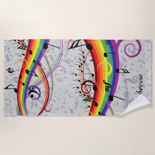 Rainbow Black Musical Notes on Gray Strandlaken (Voorkant)