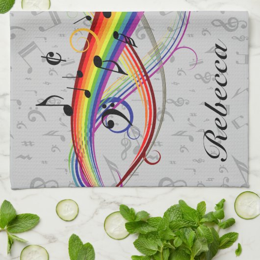 Rainbow Black Musical Notes on Gray Theedoek (Gevouwen)