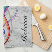 Rainbow Black Musical Notes on Gray Theedoek (Quarter Fold)