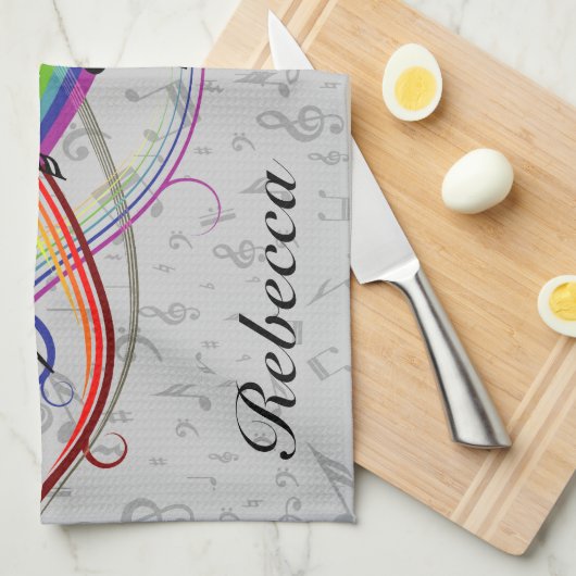 Rainbow Black Musical Notes on Gray Theedoek (Quarter Fold)