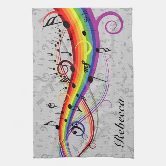 Rainbow Black Musical Notes on Gray Theedoek (Verticaal)