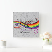 Rainbow Black Musical Notes on Gray Vierkante Klok (Huis)