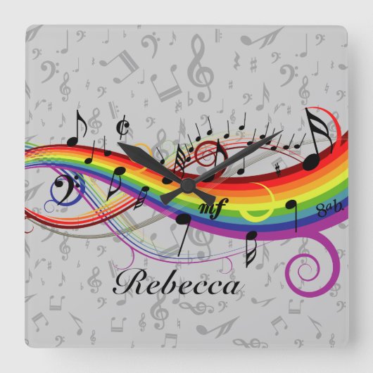 Rainbow Black Musical Notes on Gray Vierkante Klok (Voorkant)