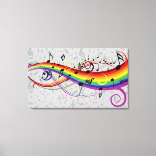 Rainbow Black Musical Notes on Grey Canvas Afdruk