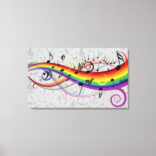 Rainbow Black Musical Notes on Grey Canvas Afdruk (Voorkant)